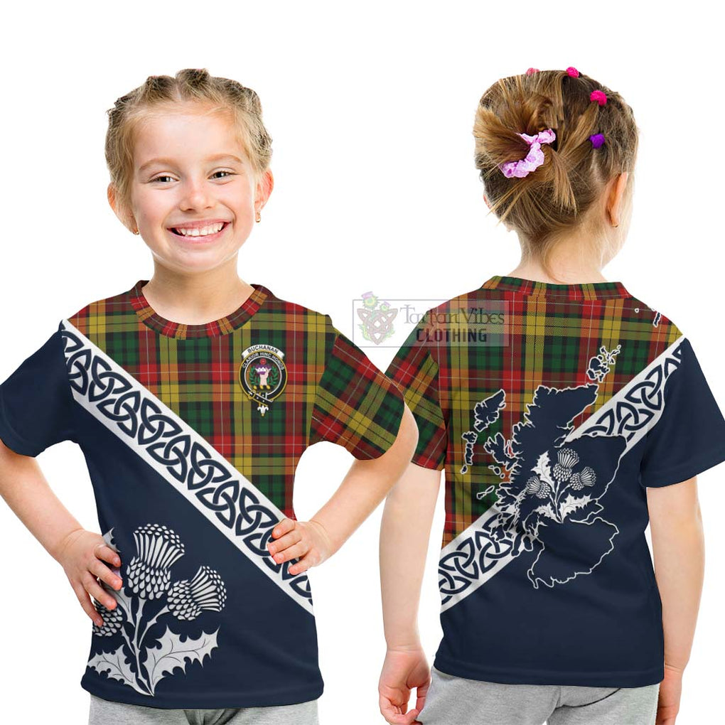 Tartan Vibes Clothing Buchanan Tartan Kid T-Shirt Featuring Thistle and Scotland Map