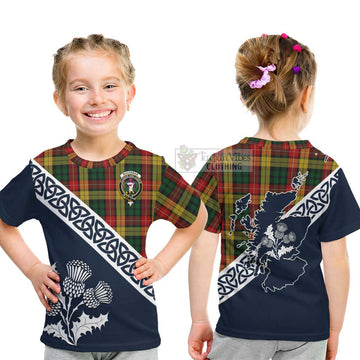 Buchanan Tartan Kid T-Shirt Featuring Thistle and Scotland Map