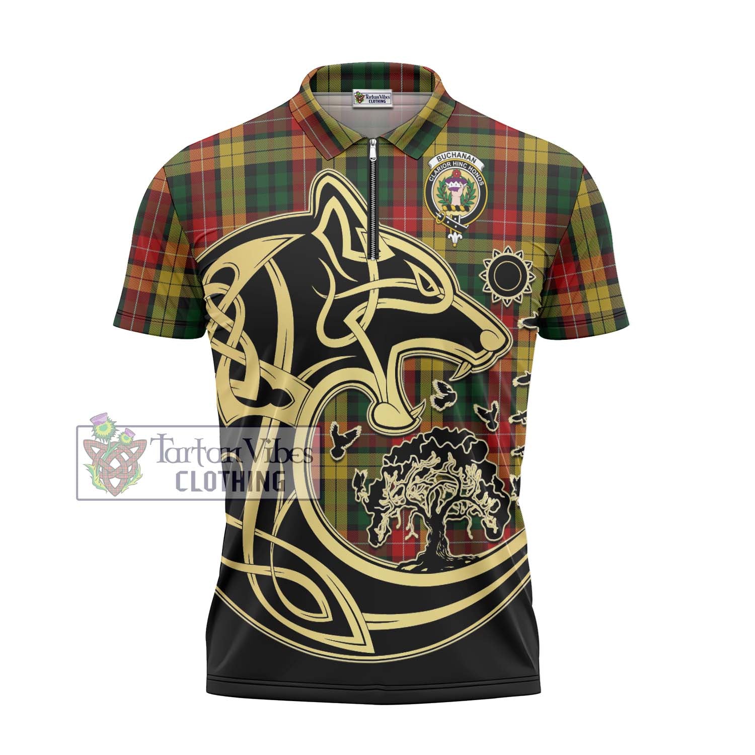 Buchanan Tartan Zipper Polo Shirt with Family Crest Celtic Wolf Style - Tartanvibesclothing Shop