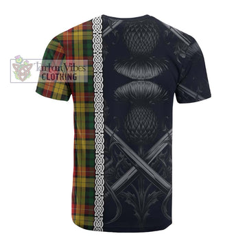 Buchanan Tartan Cotton T-shirt with Family Crest Cross Sword Thistle Celtic Vibes