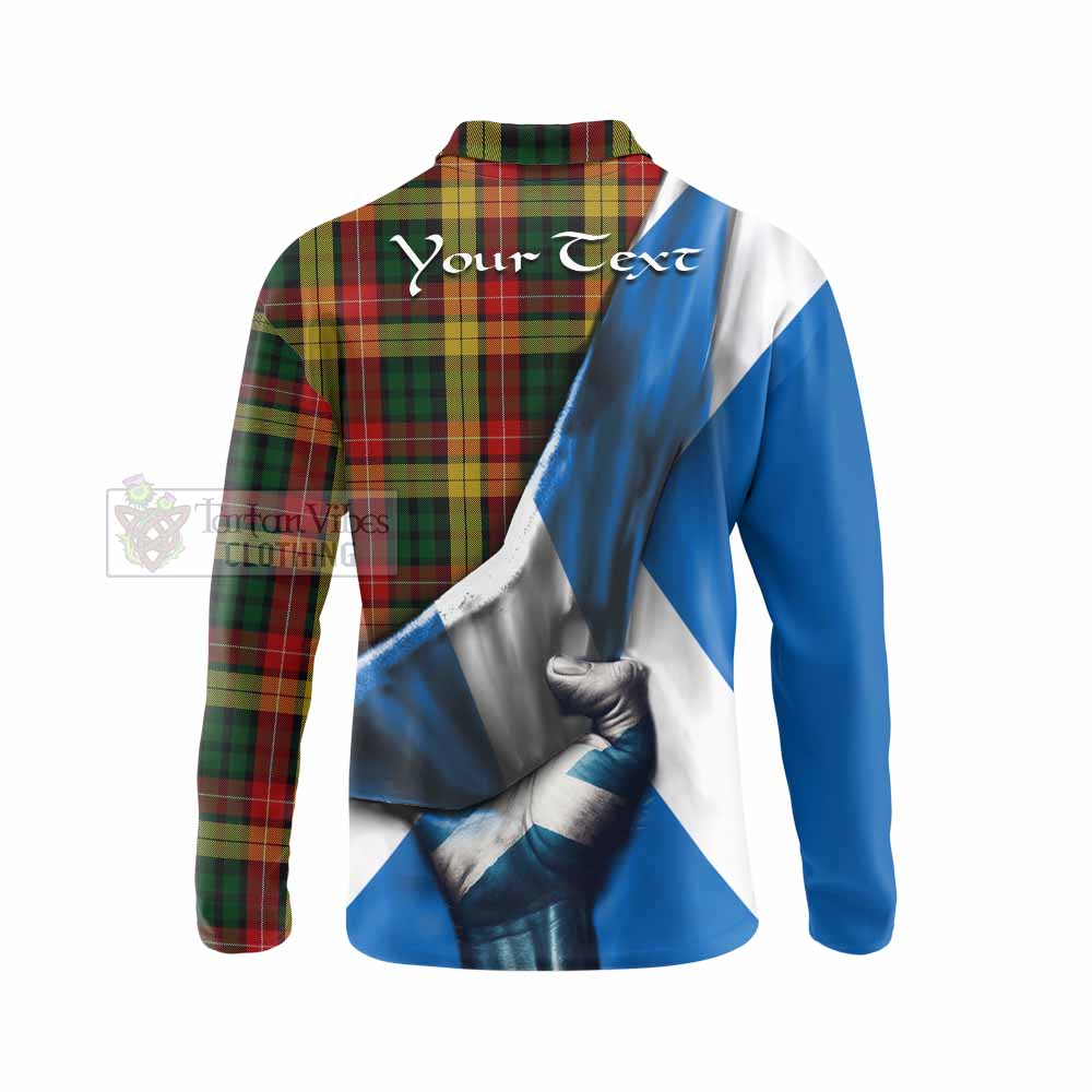 Tartan Vibes Clothing Buchanan Tartan Long Sleeve Polo Shirt with Family Crest Scotland Patriotic Style