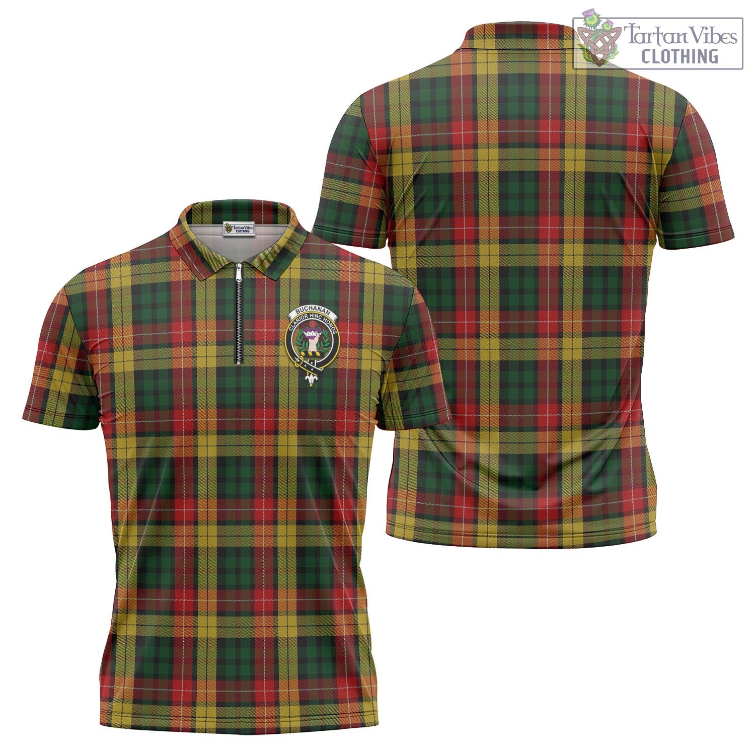 Tartan Vibes Clothing Buchanan Tartan Zipper Polo Shirt with Family Crest