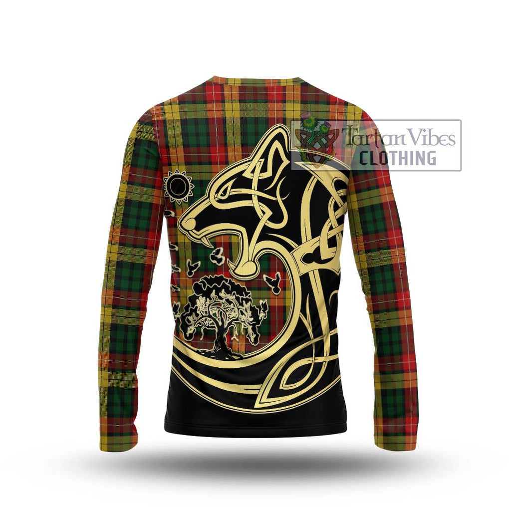 Buchanan Tartan Long Sleeve T-Shirt with Family Crest Celtic Wolf Style - Tartan Vibes Clothing