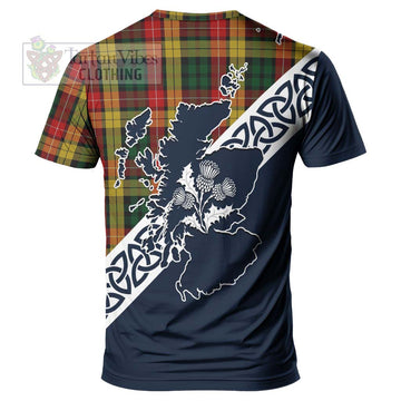 Buchanan Tartan T-Shirt Featuring Thistle and Scotland Map