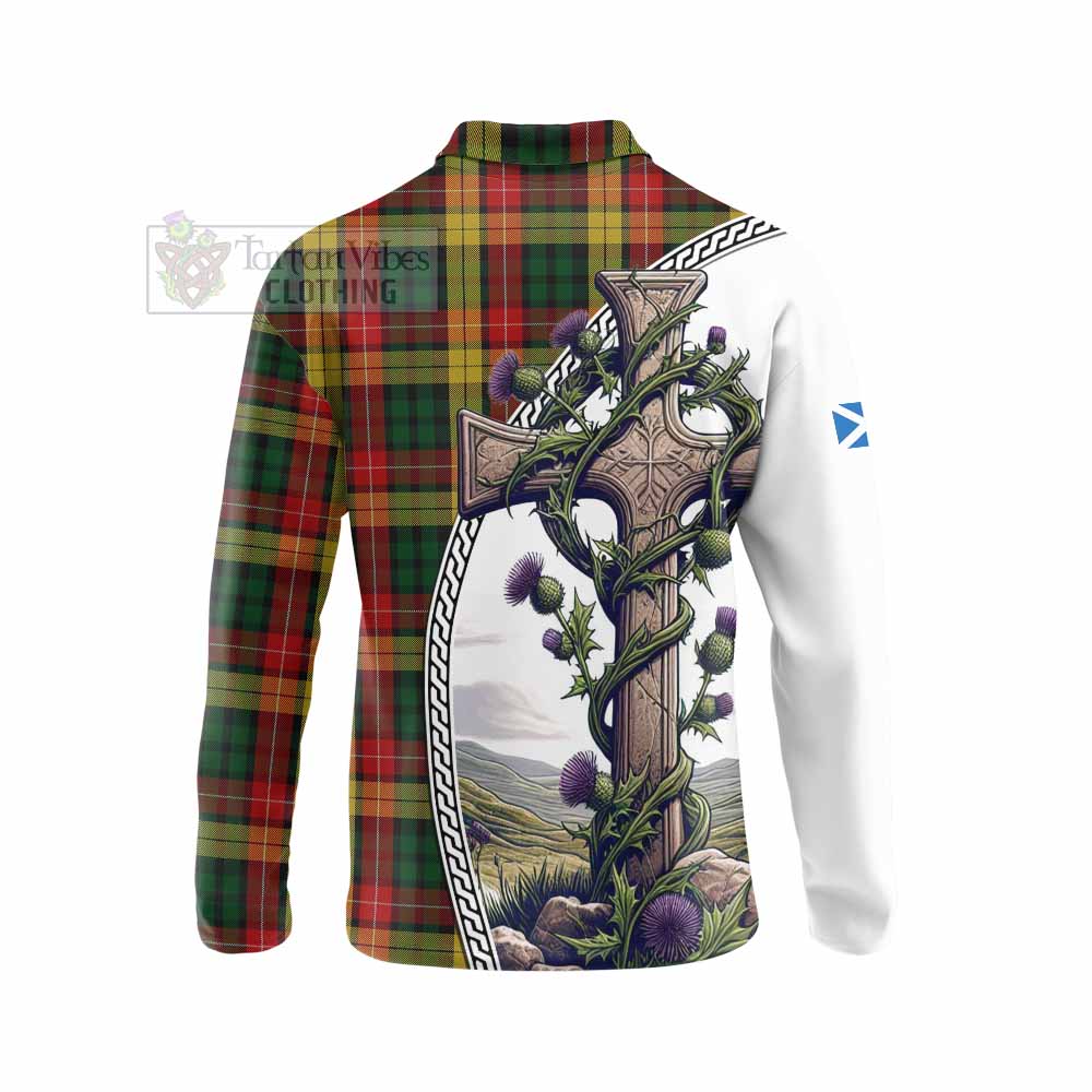 Tartan Vibes Clothing Buchanan Tartan Long Sleeve Polo Shirt with Family Crest and St. Andrew's Cross Accented by Thistle Vines