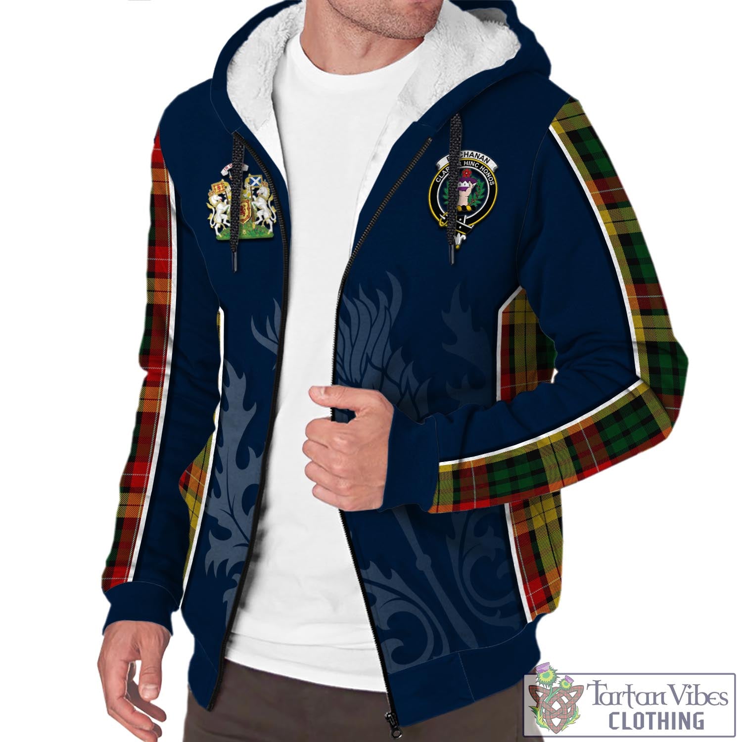 Tartan Vibes Clothing Buchanan Tartan Sherpa Hoodie with Family Crest and Scottish Thistle Vibes Sport Style