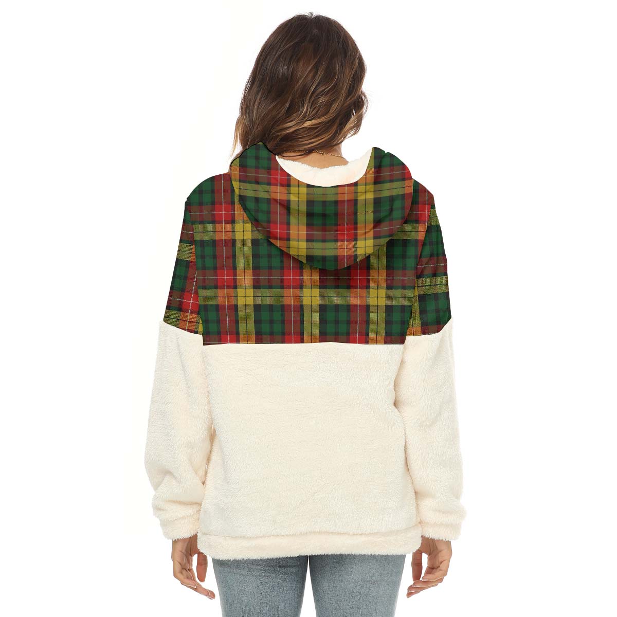 Buchanan Tartan Women's Borg Fleece Hoodie With Half Zip with Family Crest - Tartan Vibes Clothing