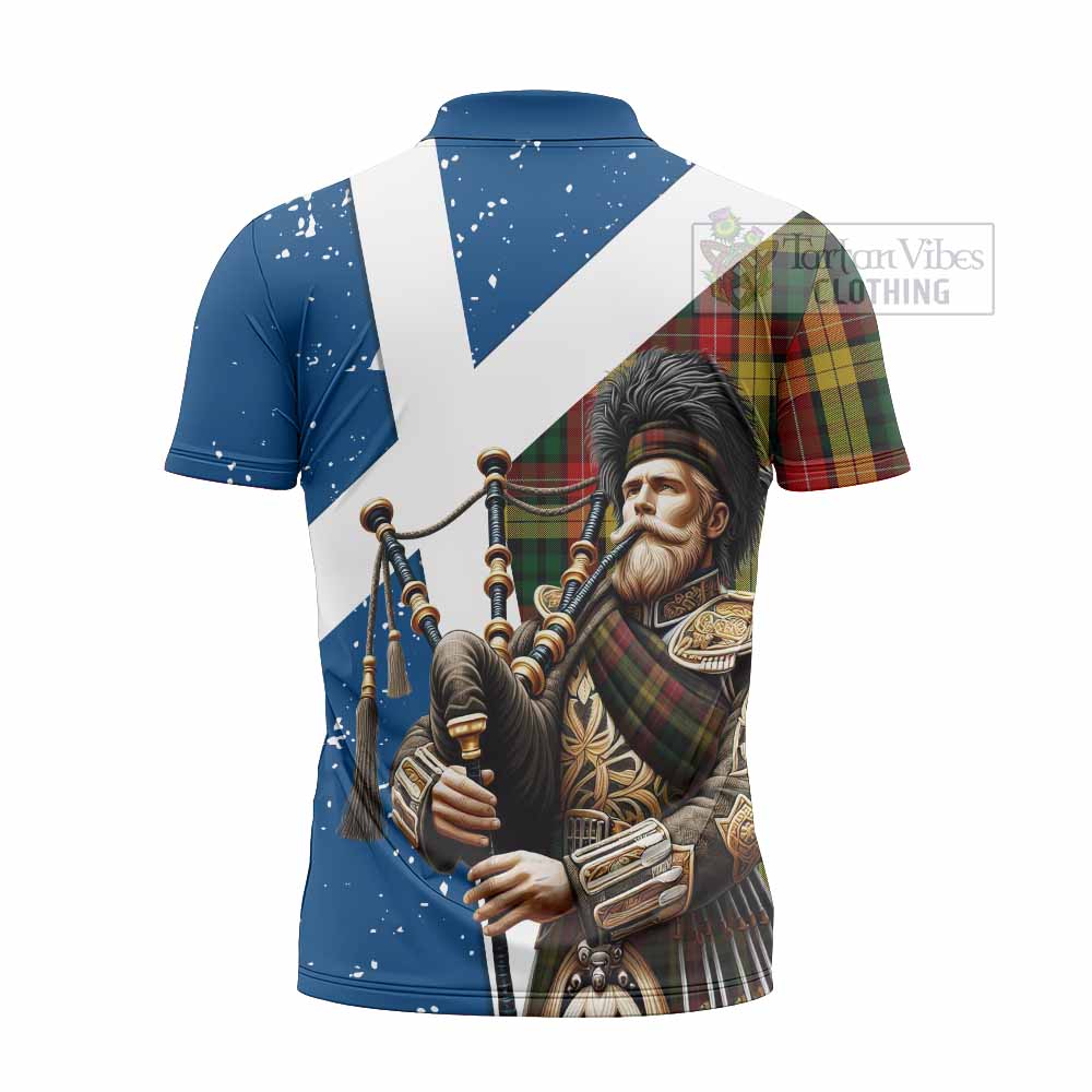 Tartan Vibes Clothing Buchanan Tartan Zipper Polo Shirt with Family Crest Scottish Bagpiper Vibes