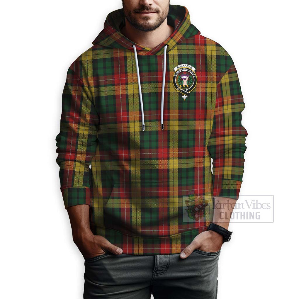 Tartan Vibes Clothing Buchanan Tartan Hoodie with Family Crest and Bearded Skull Holding Bottles of Whiskey