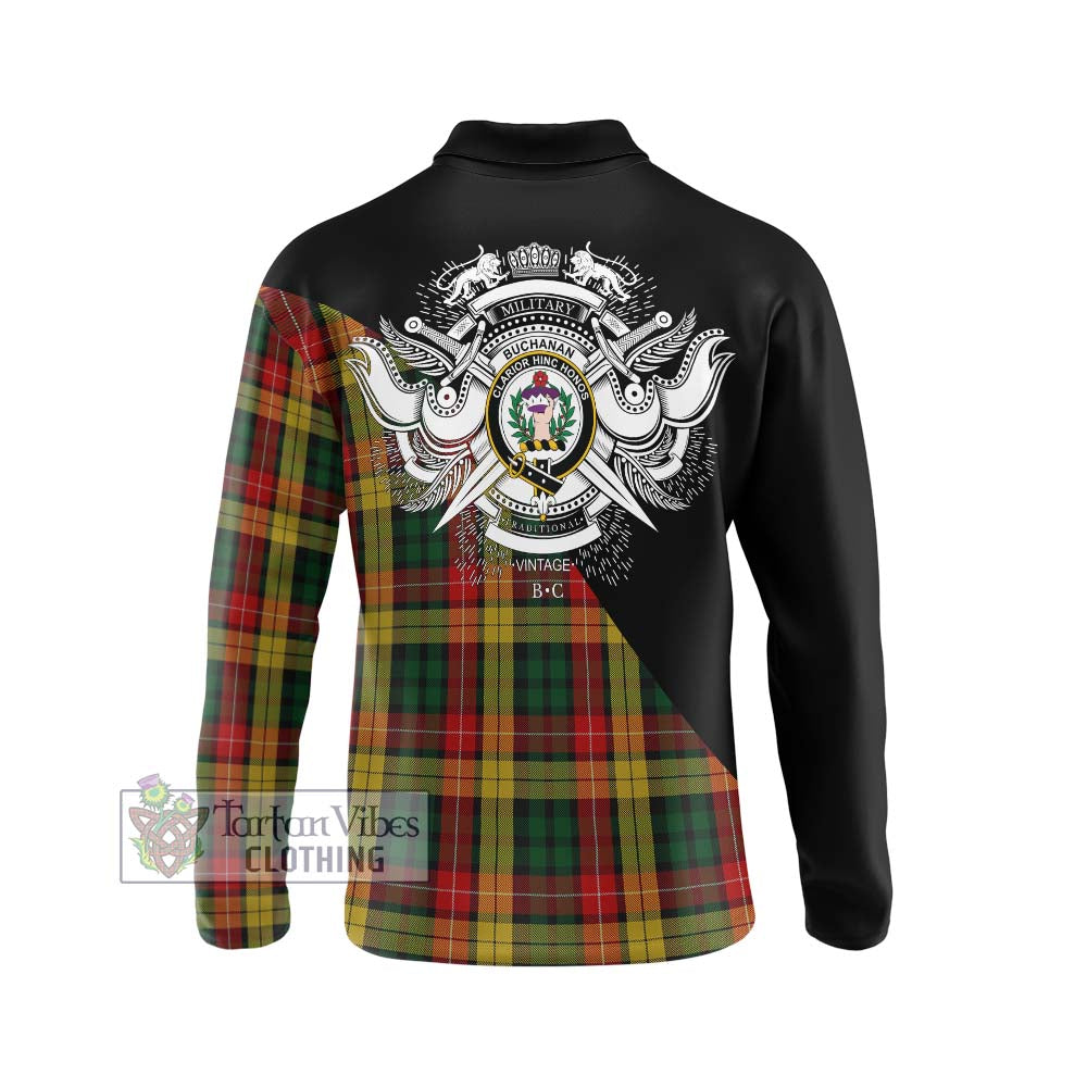 Buchanan Tartan Long Sleeve Polo Shirt with Family Crest and Military Logo Style - Tartanvibesclothing Shop