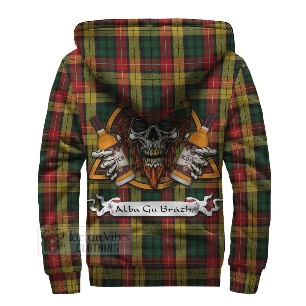 Tartan Vibes Clothing Buchanan Tartan Sherpa Hoodie with Family Crest and Bearded Skull Holding Bottles of Whiskey