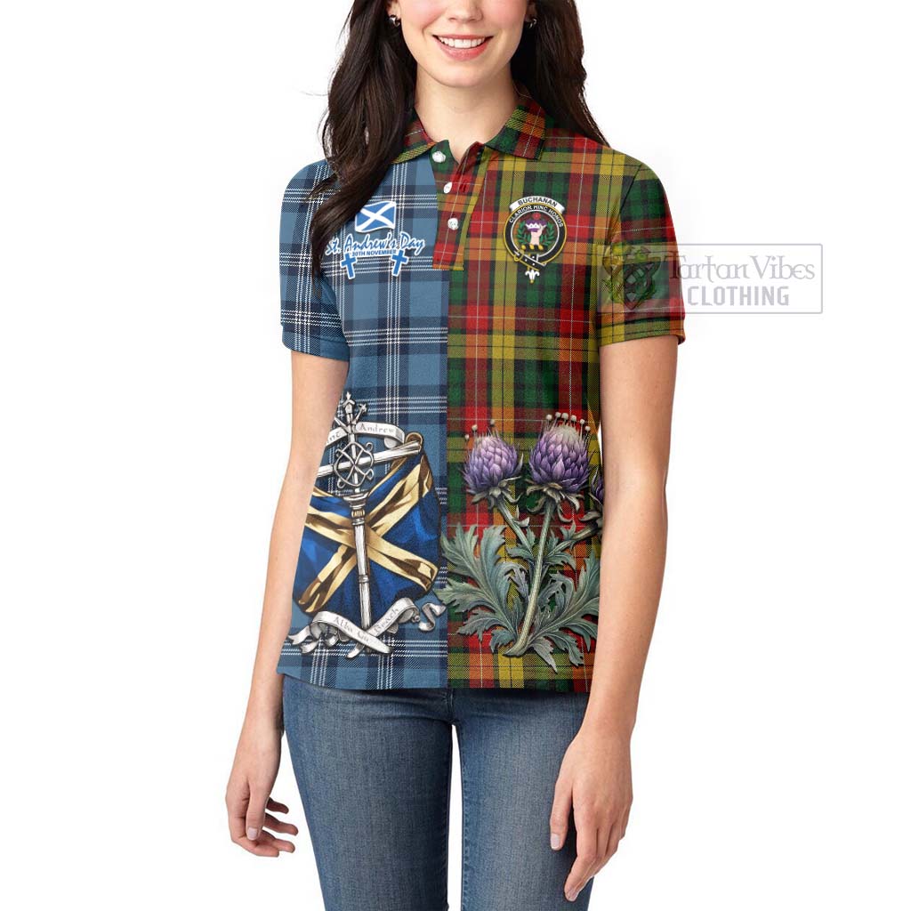 Tartan Vibes Clothing Buchanan Tartan Women's Polo Shirt Happy St. Andrew's Day Half Tartan Style