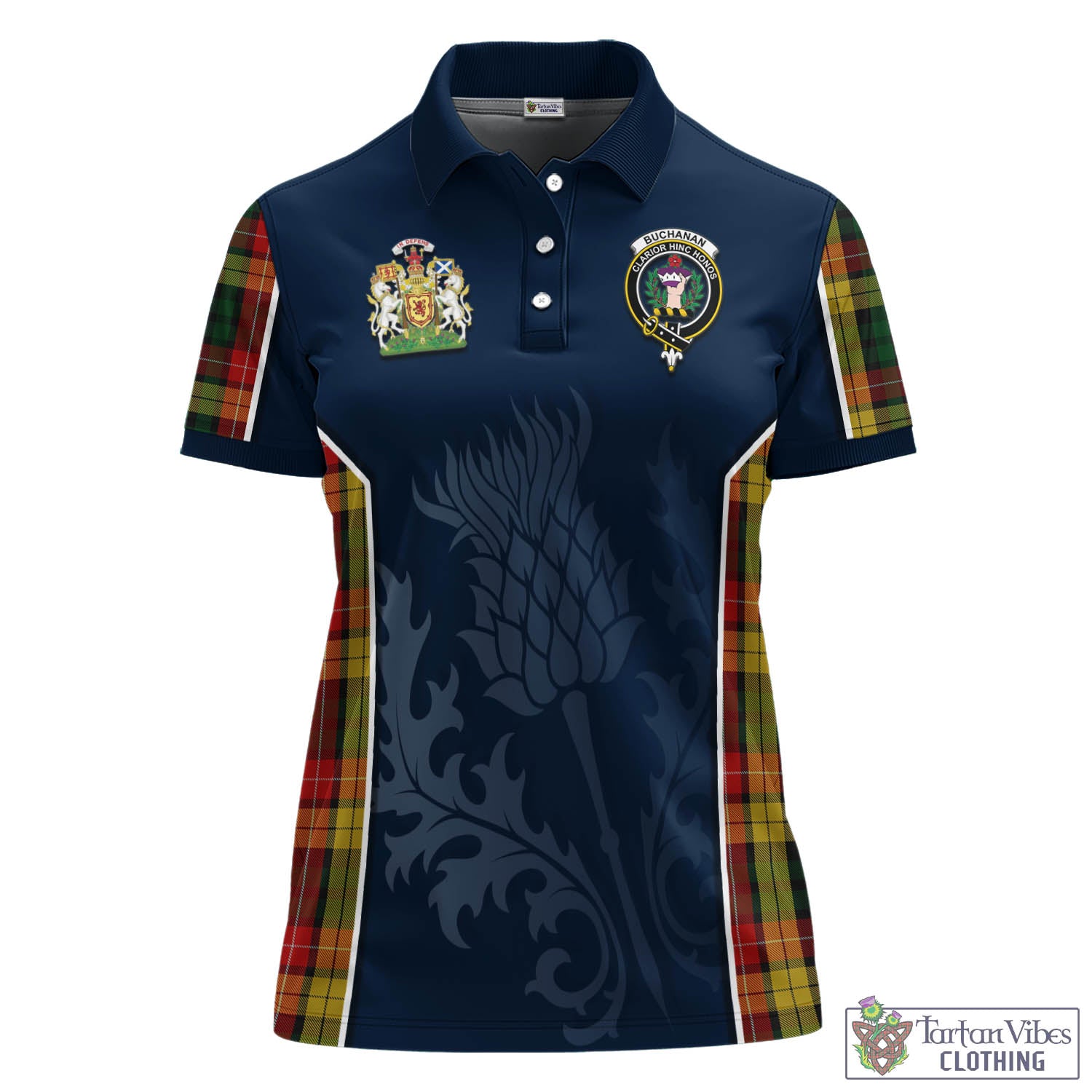 Tartan Vibes Clothing Buchanan Tartan Women's Polo Shirt with Family Crest and Scottish Thistle Vibes Sport Style