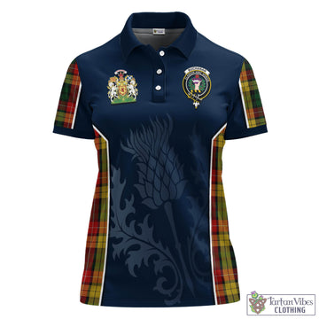 Buchanan Tartan Women's Polo Shirt with Family Crest and Scottish Thistle Vibes Sport Style