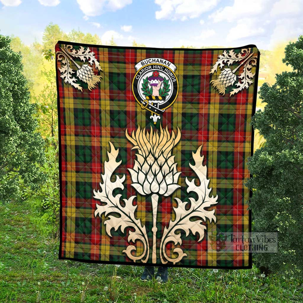 Tartan Vibes Clothing Buchanan Tartan Quilt with Family Crest and Golden Thistle Style