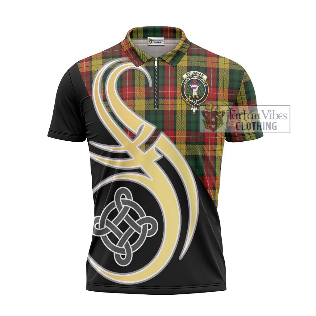 Tartan Vibes Clothing Buchanan Tartan Zipper Polo Shirt with Family Crest and Celtic Symbol Style