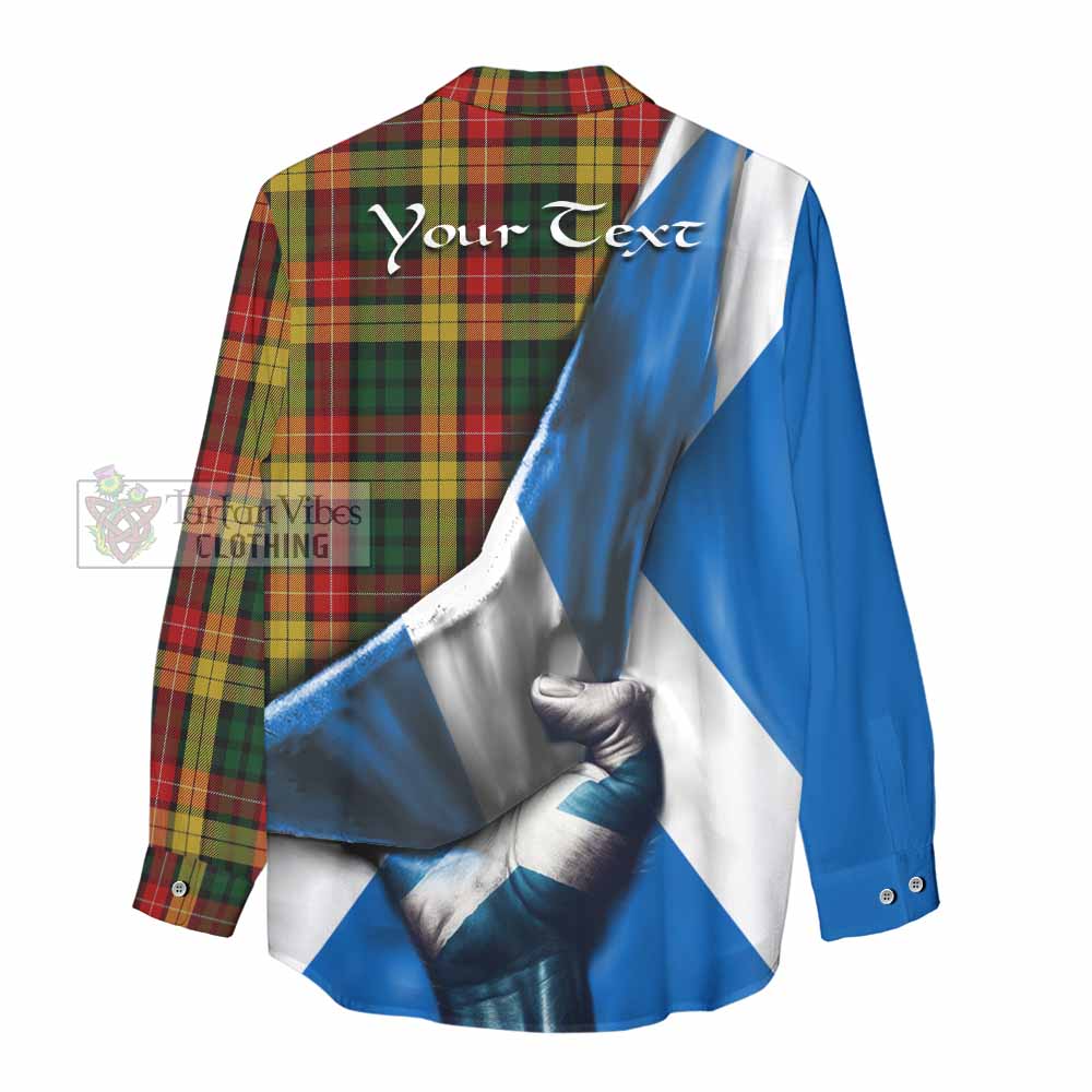 Tartan Vibes Clothing Buchanan Tartan Women's Casual Shirt with Family Crest Scotland Patriotic Style