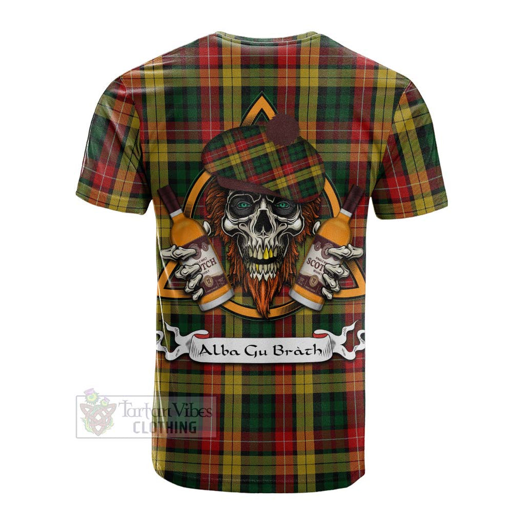 Tartan Vibes Clothing Buchanan Tartan Cotton T-shirt with Family Crest and Bearded Skull Holding Bottles of Whiskey