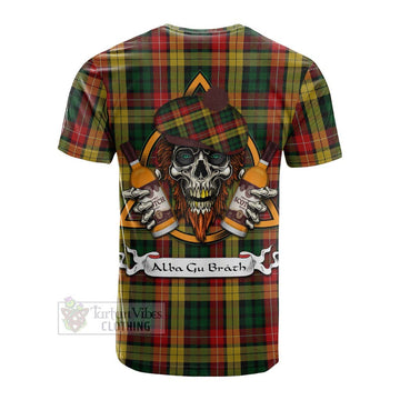 Buchanan Tartan Cotton T-shirt with Family Crest and Bearded Skull Holding Bottles of Whiskey