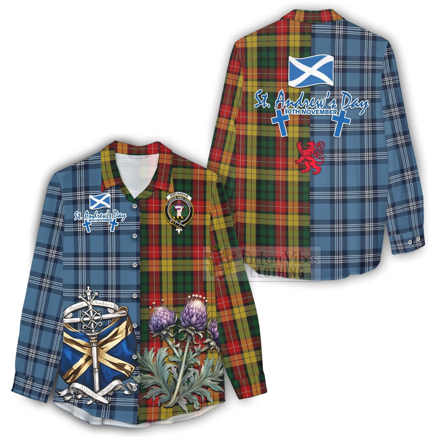 Tartan Vibes Clothing Buchanan Tartan Women's Casual Shirt Happy St. Andrew's Day Half Tartan Style