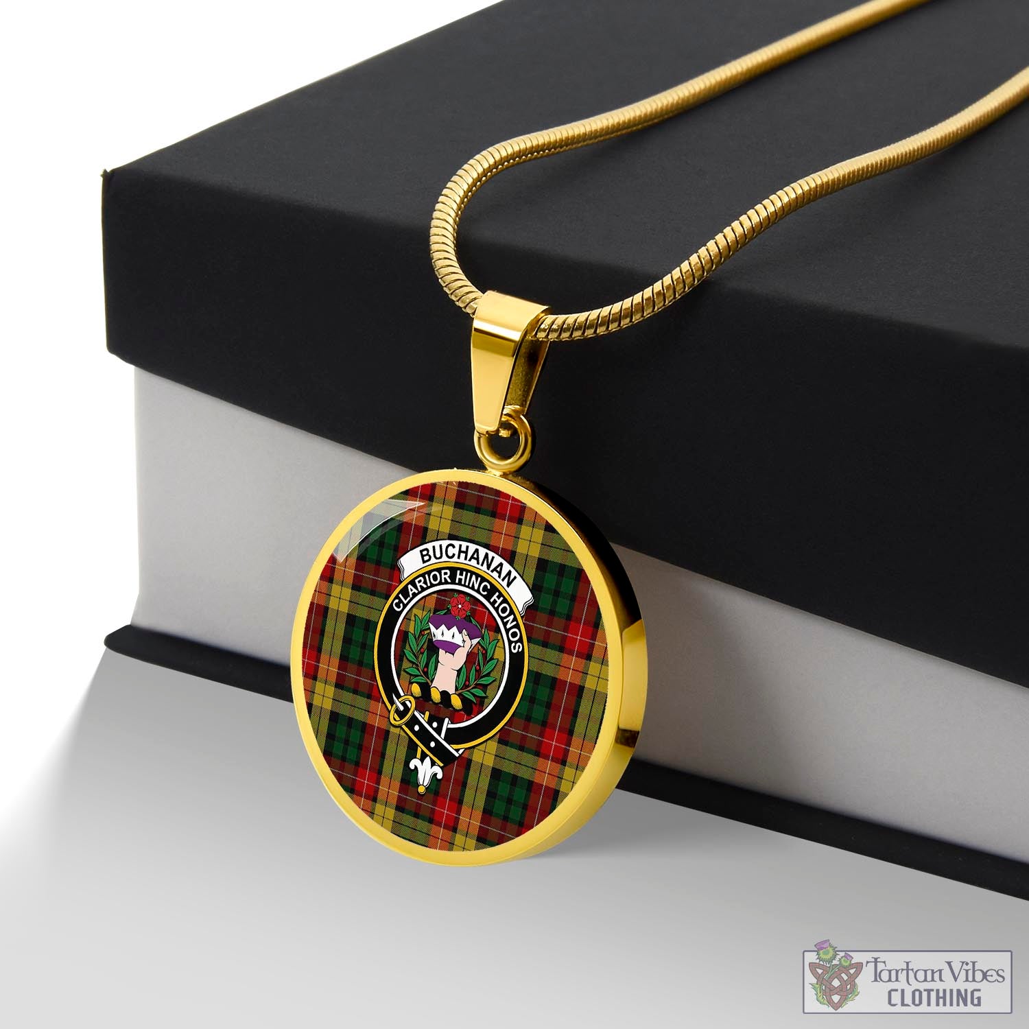 Tartan Vibes Clothing Buchanan Tartan Circle Necklace with Family Crest