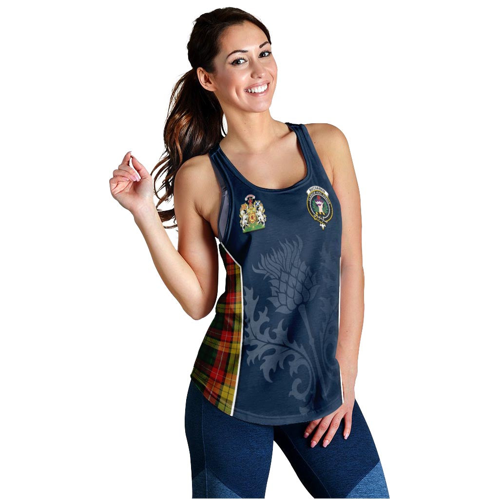 Tartan Vibes Clothing Buchanan Tartan Women's Racerback Tanks with Family Crest and Scottish Thistle Vibes Sport Style