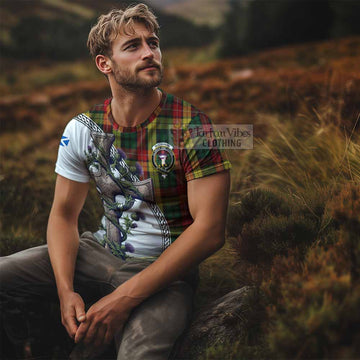 Buchanan Tartan T-Shirt with Family Crest and St. Andrew's Cross Accented by Thistle Vines