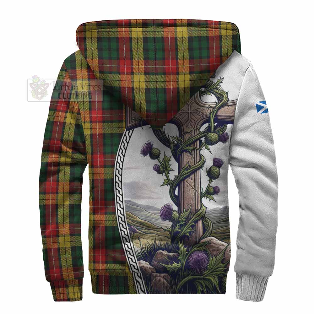 Tartan Vibes Clothing Buchanan Tartan Sherpa Hoodie with Family Crest and St. Andrew's Cross Accented by Thistle Vines