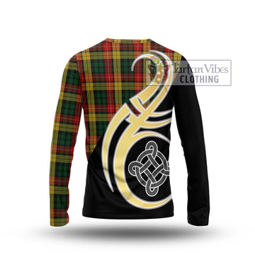 Buchanan Tartan Long Sleeve T-Shirt with Family Crest and Celtic Symbol Style