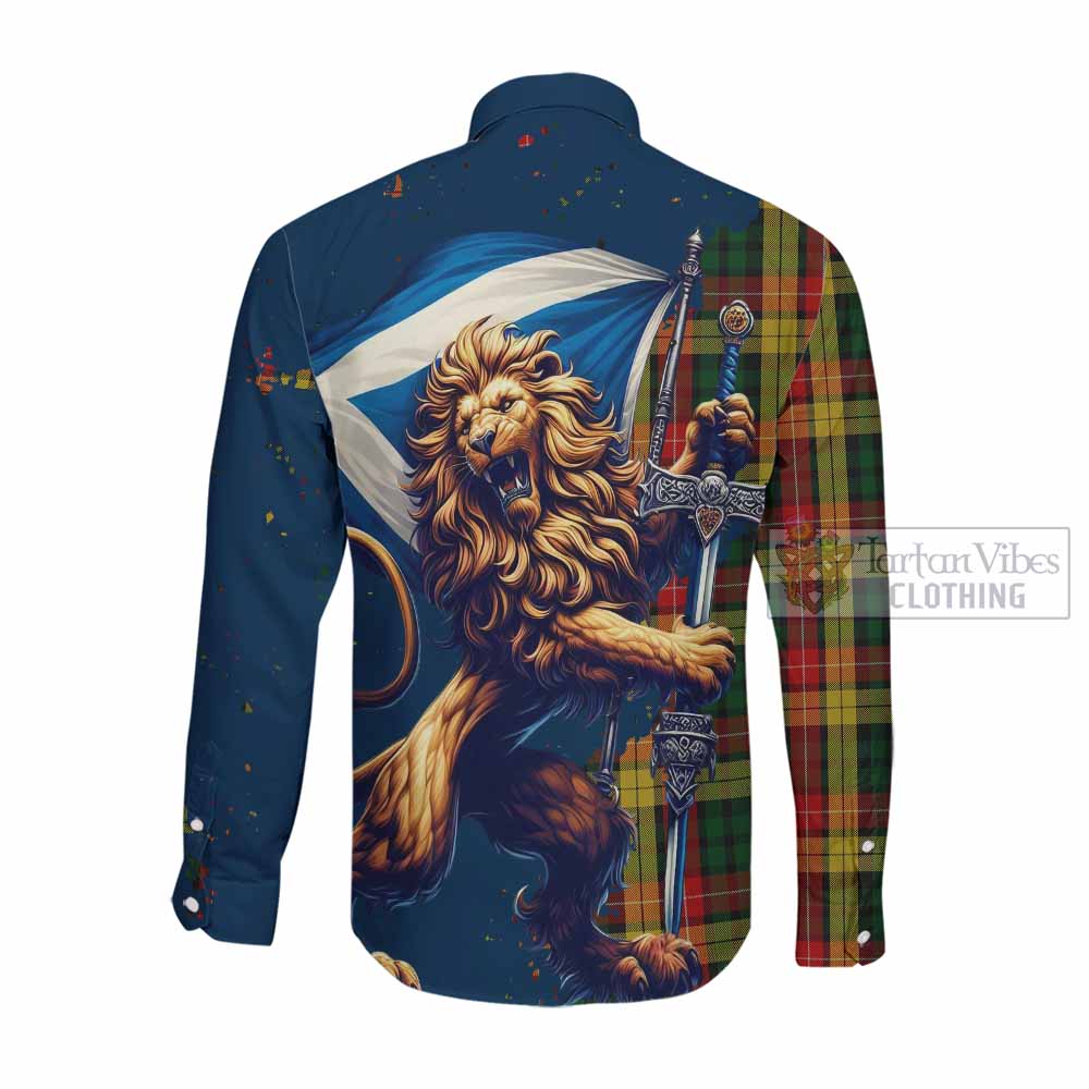 Tartan Vibes Clothing Buchanan Tartan Family Crest Long Sleeve Button Shirt with Scottish Majestic Lion