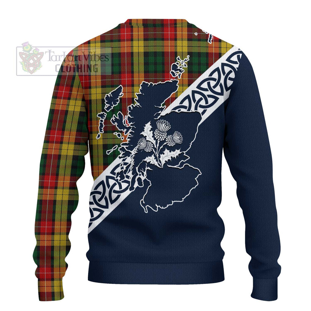 Tartan Vibes Clothing Buchanan Tartan Knitted Sweater Featuring Thistle and Scotland Map