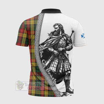 Buchanan Tartan Clan Crest Zipper Polo Shirt with Highlander Warrior Celtic Style