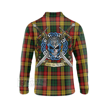 Buchanan Tartan Long Sleeve Polo Shirt with Family Crest Celtic Skull Style