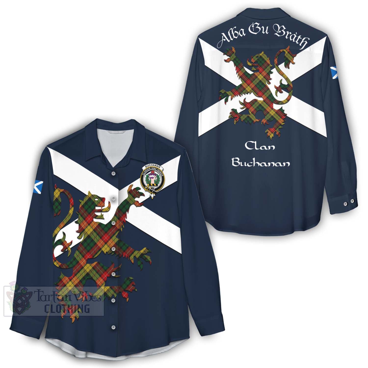 Tartan Vibes Clothing Buchanan Tartan Lion Rampant Women's Casual Shirt Proudly Display Your Heritage with Alba Gu Brath and Clan Name