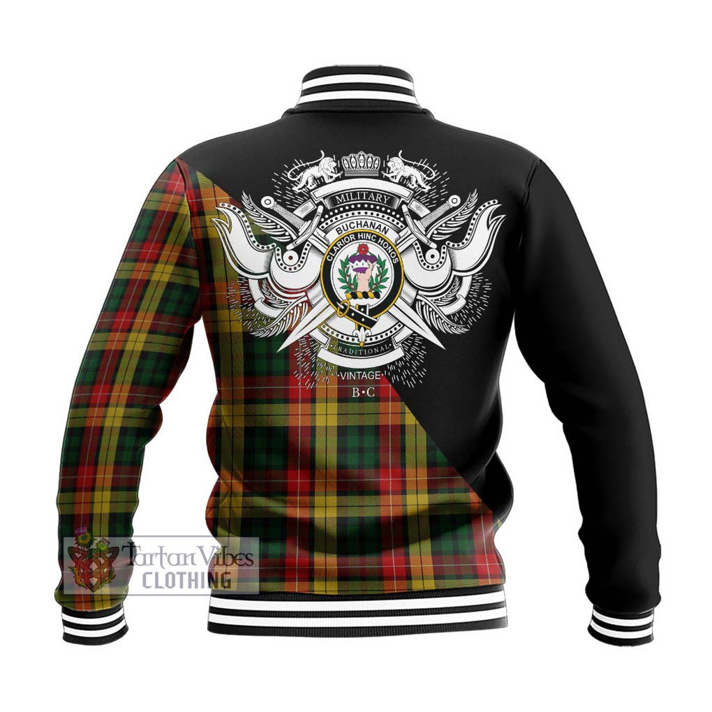 Buchanan Tartan Baseball Jacket with Family Crest and Military Logo Style - Tartanvibesclothing Shop