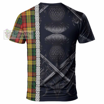 Buchanan Tartan T-Shirt with Family Crest Cross Sword Thistle Celtic Vibes