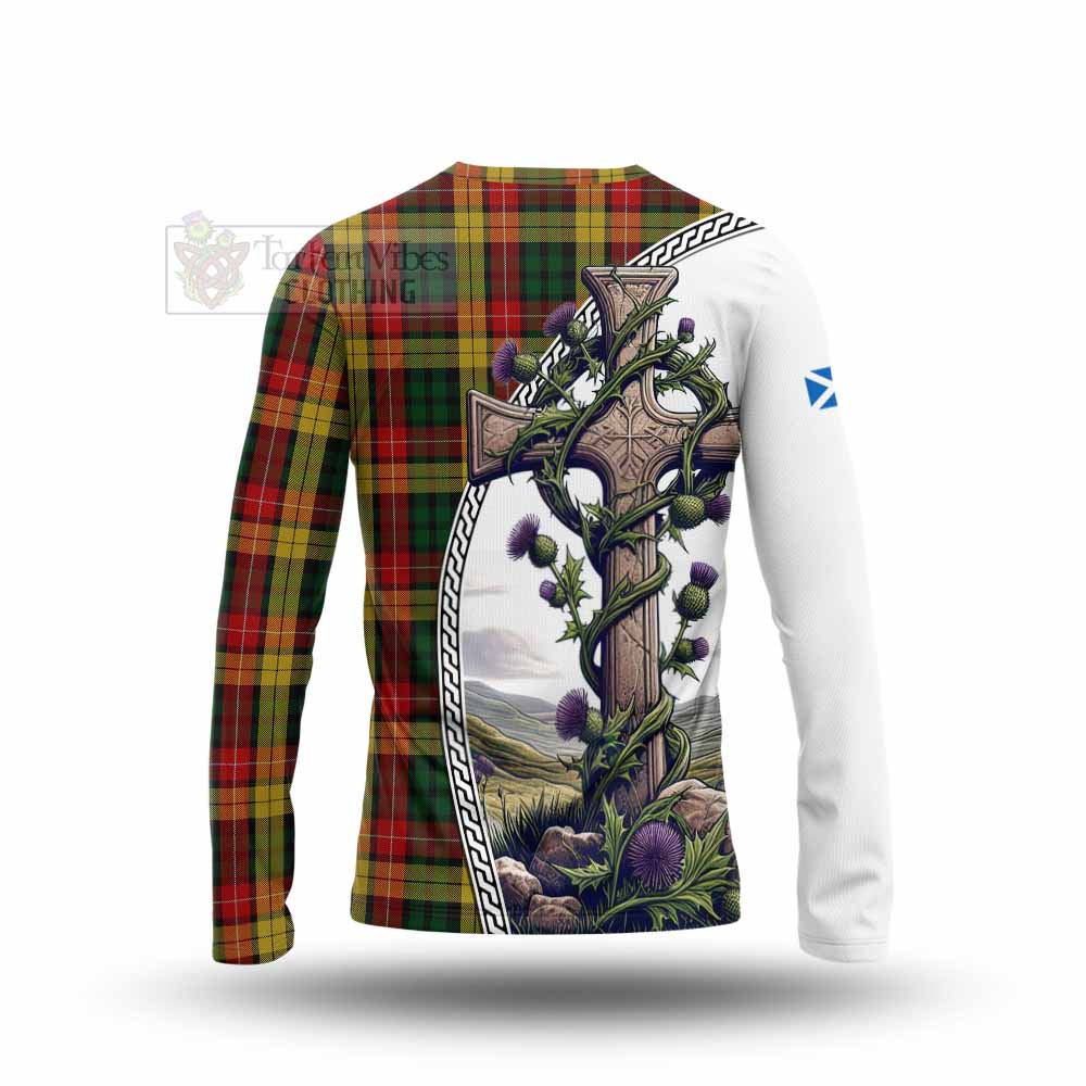 Tartan Vibes Clothing Buchanan Tartan Long Sleeve T-Shirt with Family Crest and St. Andrew's Cross Accented by Thistle Vines