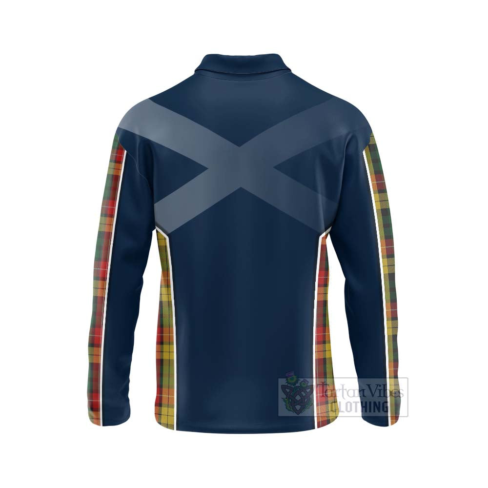 Tartan Vibes Clothing Buchanan Tartan Long Sleeve Polo Shirt with Family Crest and Scottish Thistle Vibes Sport Style