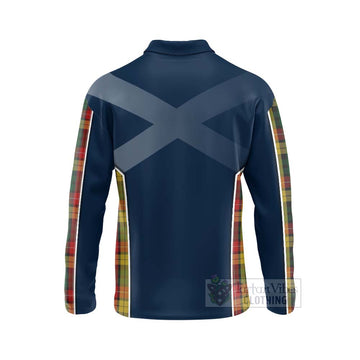 Buchanan Tartan Long Sleeve Polo Shirt with Family Crest and Scottish Thistle Vibes Sport Style