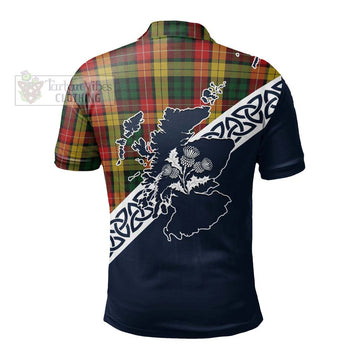 Buchanan Tartan Polo Shirt Featuring Thistle and Scotland Map