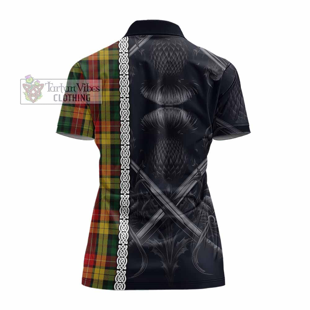 Tartan Vibes Clothing Buchanan Tartan Women's Polo Shirt with Family Crest Cross Sword Thistle Celtic Vibes