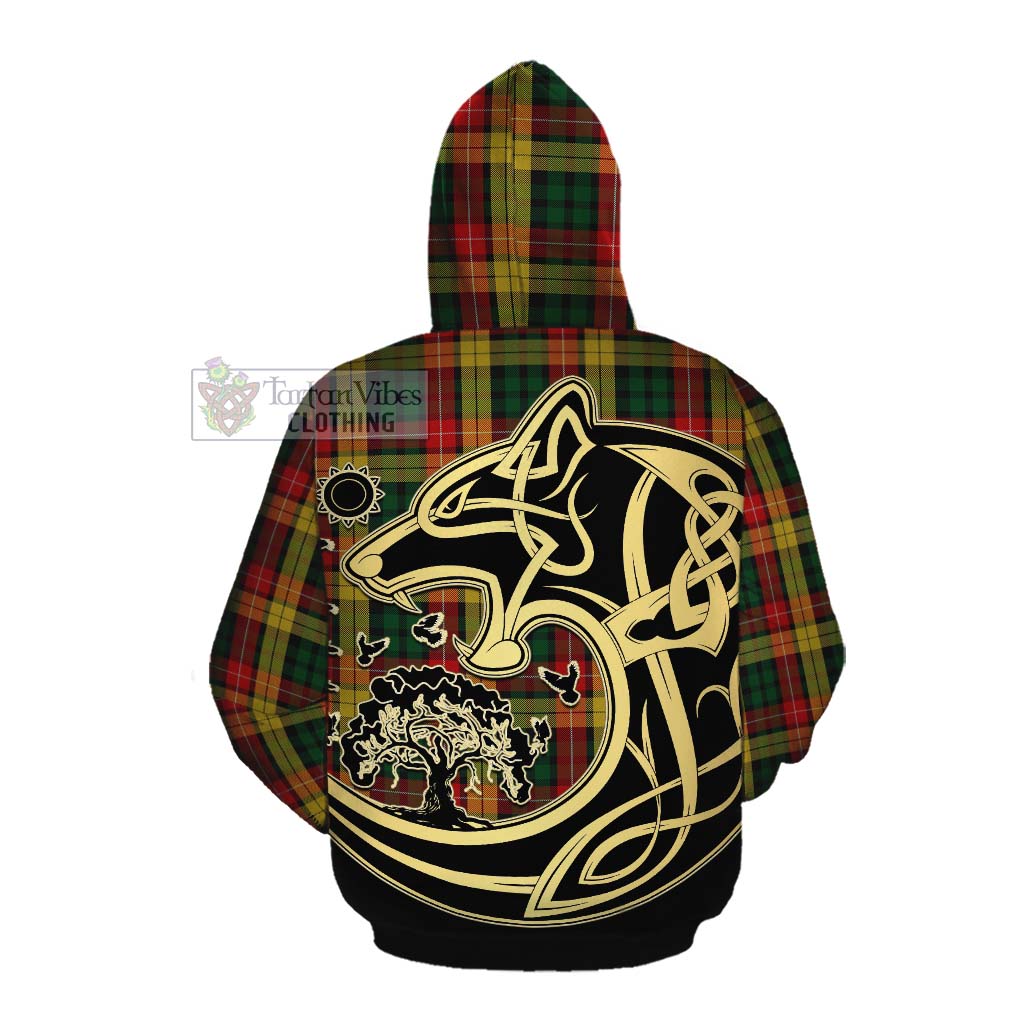 Tartan Vibes Clothing Buchanan Tartan Cotton Hoodie with Family Crest Celtic Wolf Style