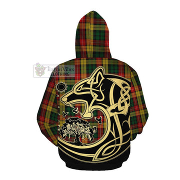 Buchanan Tartan Cotton Hoodie with Family Crest Celtic Wolf Style