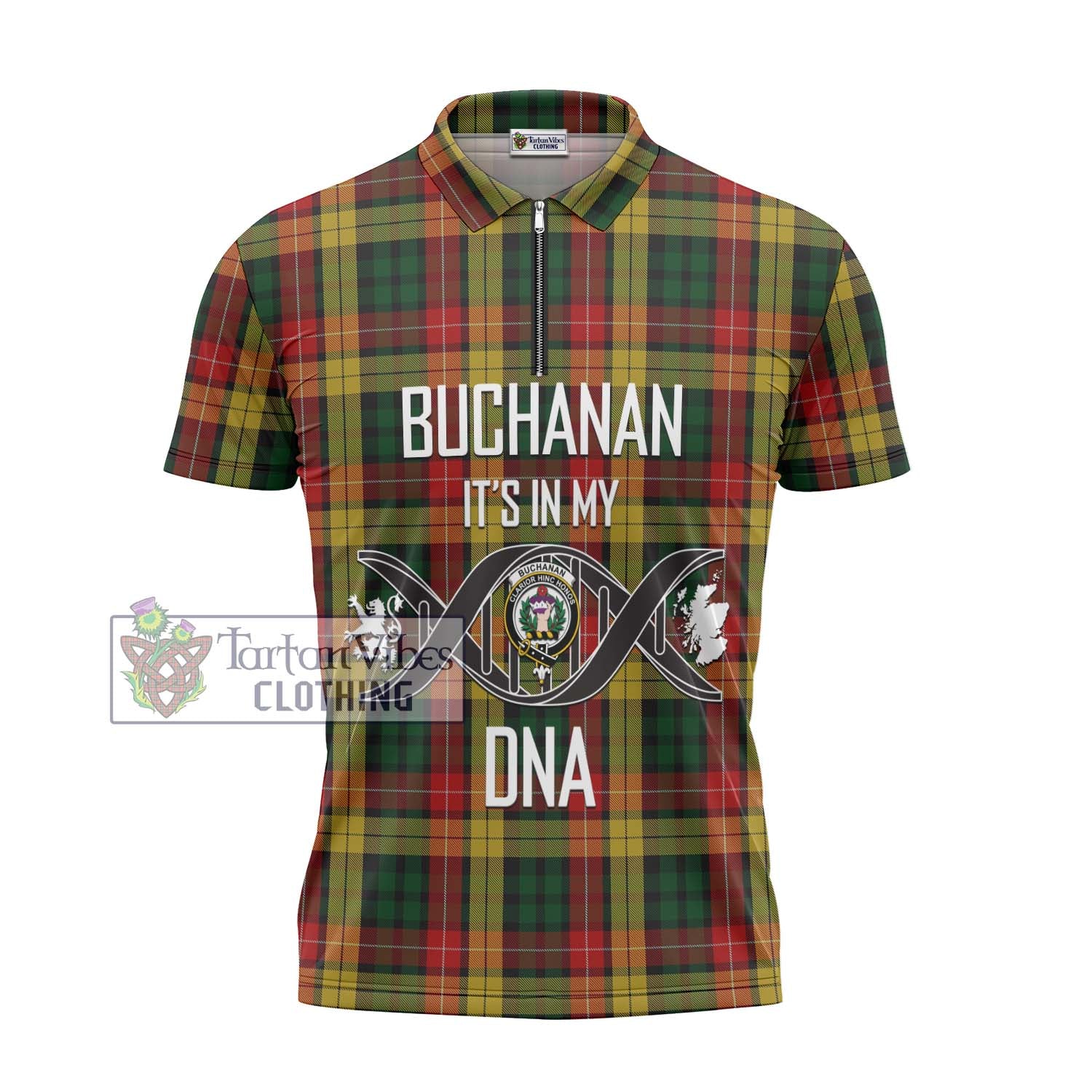 Buchanan Tartan Zipper Polo Shirt with Family Crest DNA In Me Style - Tartanvibesclothing Shop