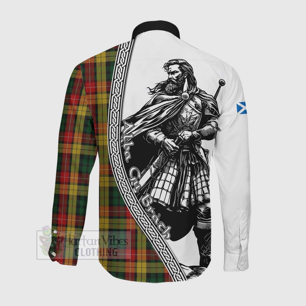 Tartan Vibes Clothing Buchanan Tartan Clan Crest Long Sleeve Button Shirt with Highlander Warrior Celtic Style