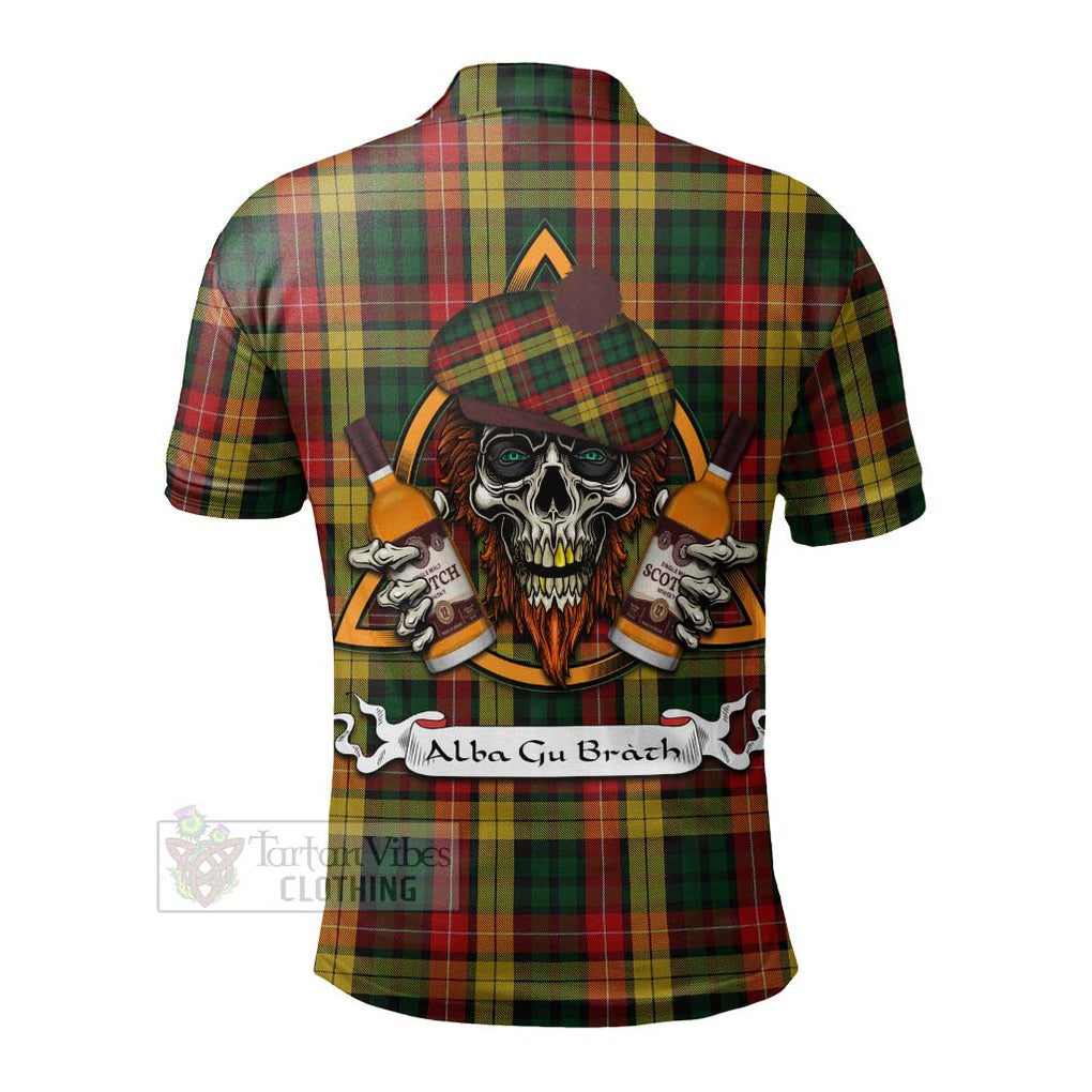 Tartan Vibes Clothing Buchanan Tartan Polo Shirt with Family Crest and Bearded Skull Holding Bottles of Whiskey