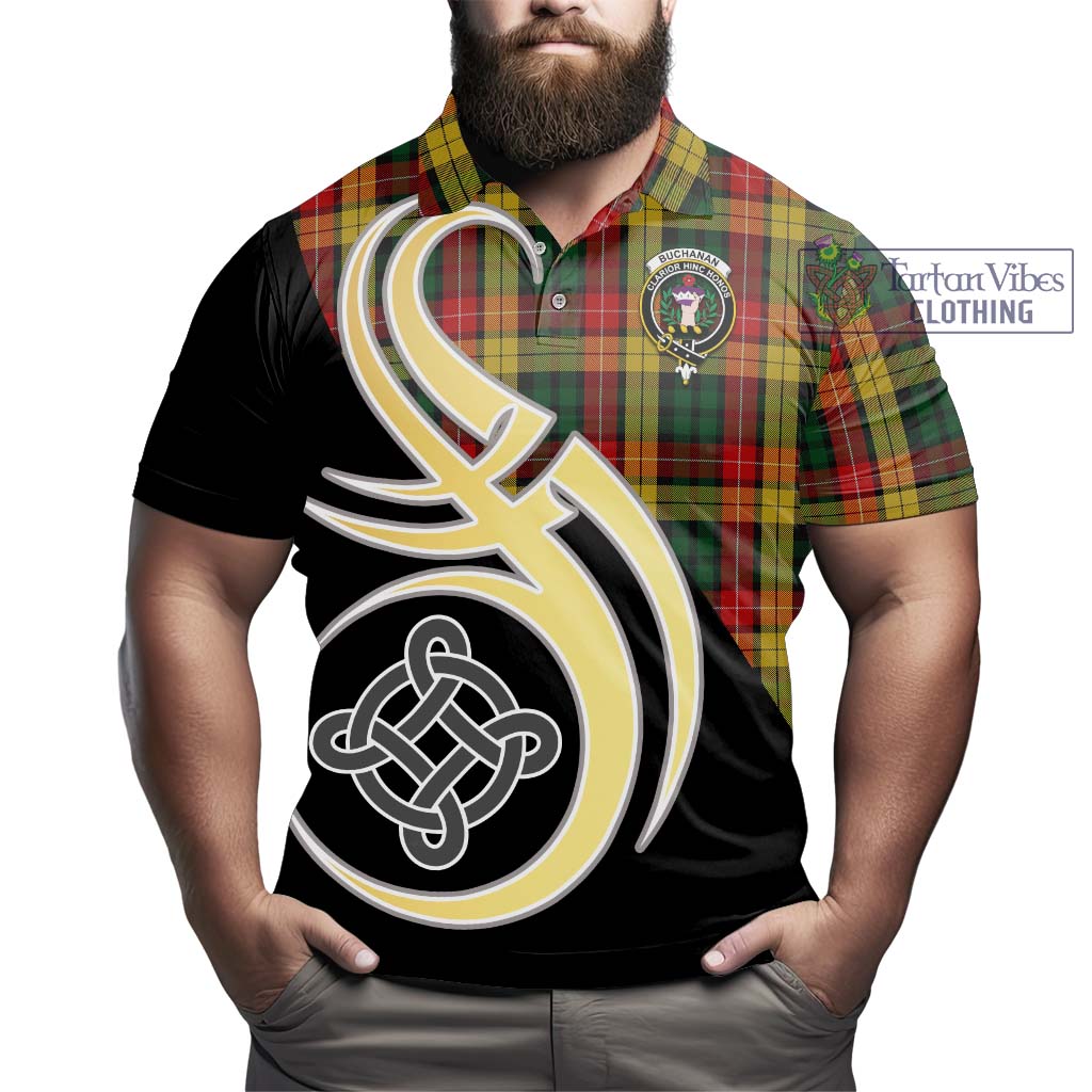 Buchanan Tartan Polo Shirt with Family Crest and Celtic Symbol Style - Tartan Vibes Clothing