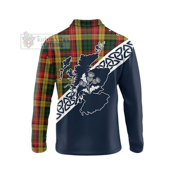 Buchanan Tartan Long Sleeve Polo Shirt Featuring Thistle and Scotland Map