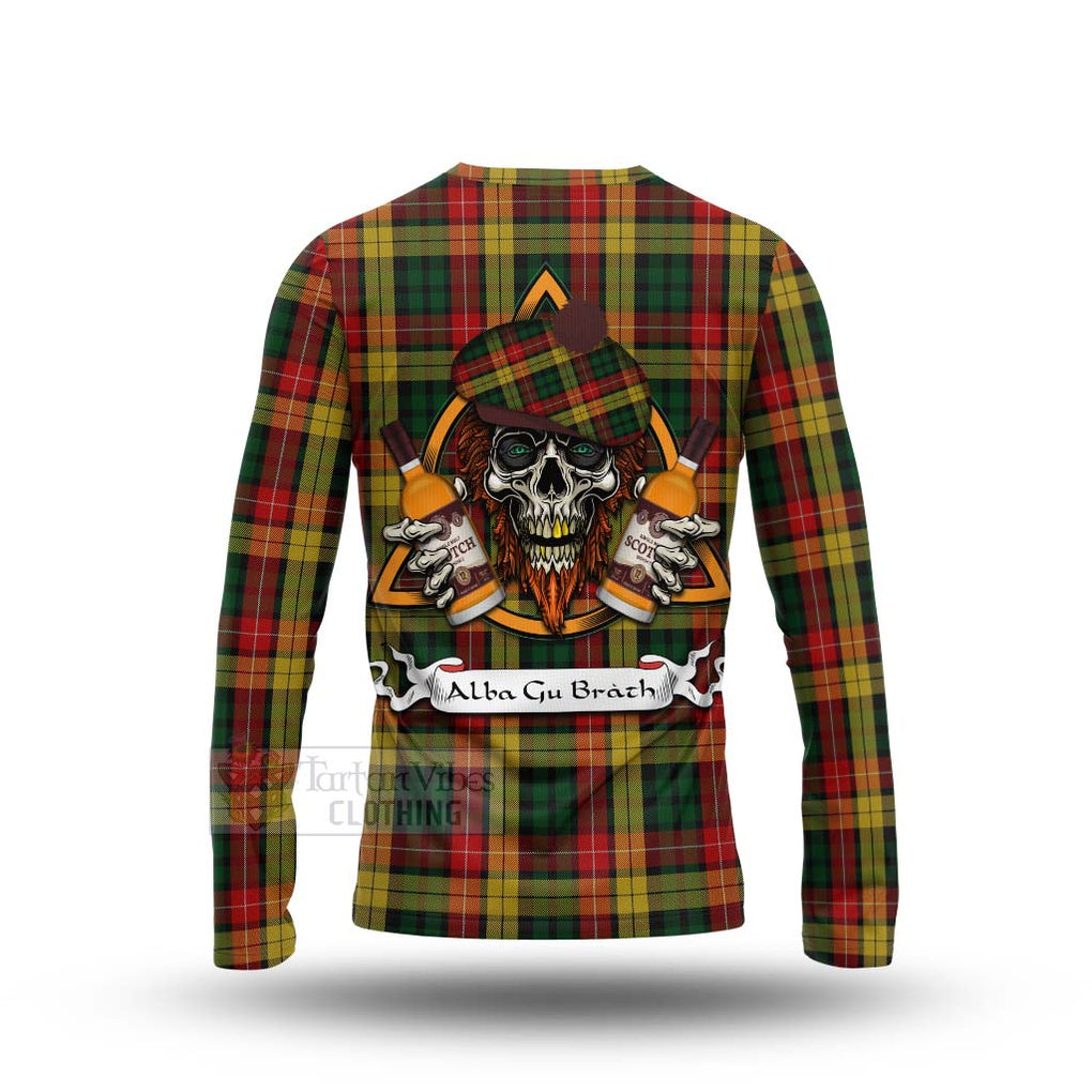 Tartan Vibes Clothing Buchanan Tartan Long Sleeve T-Shirt with Family Crest and Bearded Skull Holding Bottles of Whiskey