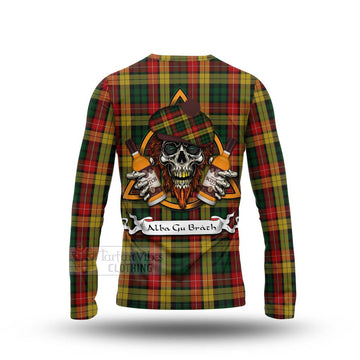 Buchanan Tartan Long Sleeve T-Shirt with Family Crest and Bearded Skull Holding Bottles of Whiskey